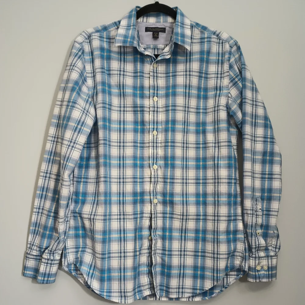 Men's Banana Republic Blue and White Plaid Shirt M 15-15 1/2